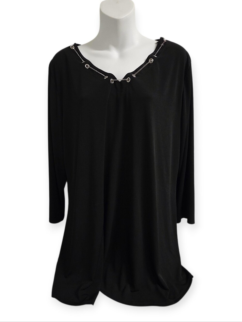 Notations Black 3/4 Sleeve Tunic Blouse Silver Chain Neck Grommet XL